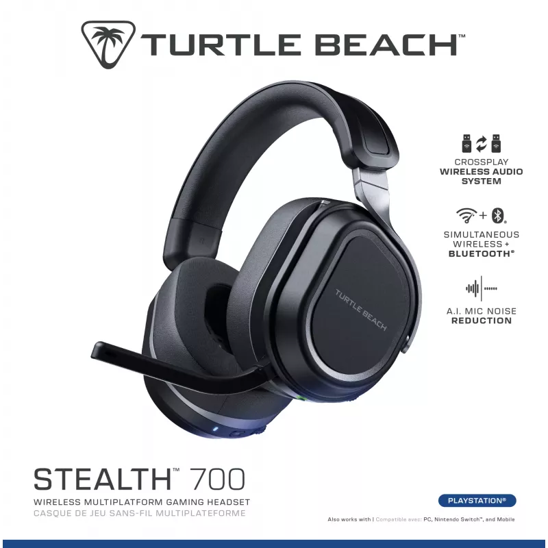 Turtle Beach Stealth 700 preto PlayStation headset gaming sem fios com até 80 horas de autonomia, Bluetooth, dois transmissores e drivers de 60 mm para PS5, PS4, PC e dispositivos móveis