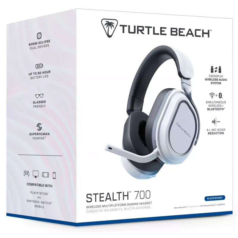 Turtle Beach Stealth 700 branco PlayStation headset gaming sem fios com até 80 horas de autonomia, Bluetooth, dois transmissores e altifalantes de 60 mm para PS5, PS4, PC e dispositivos móveis