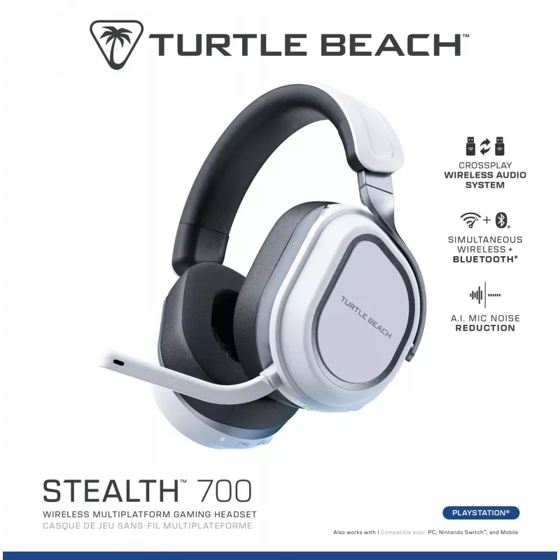 Turtle Beach Stealth 700 branco PlayStation headset gaming sem fios com até 80 horas de autonomia, Bluetooth, dois transmissores e altifalantes de 60 mm para PS5, PS4, PC e dispositivos móveis