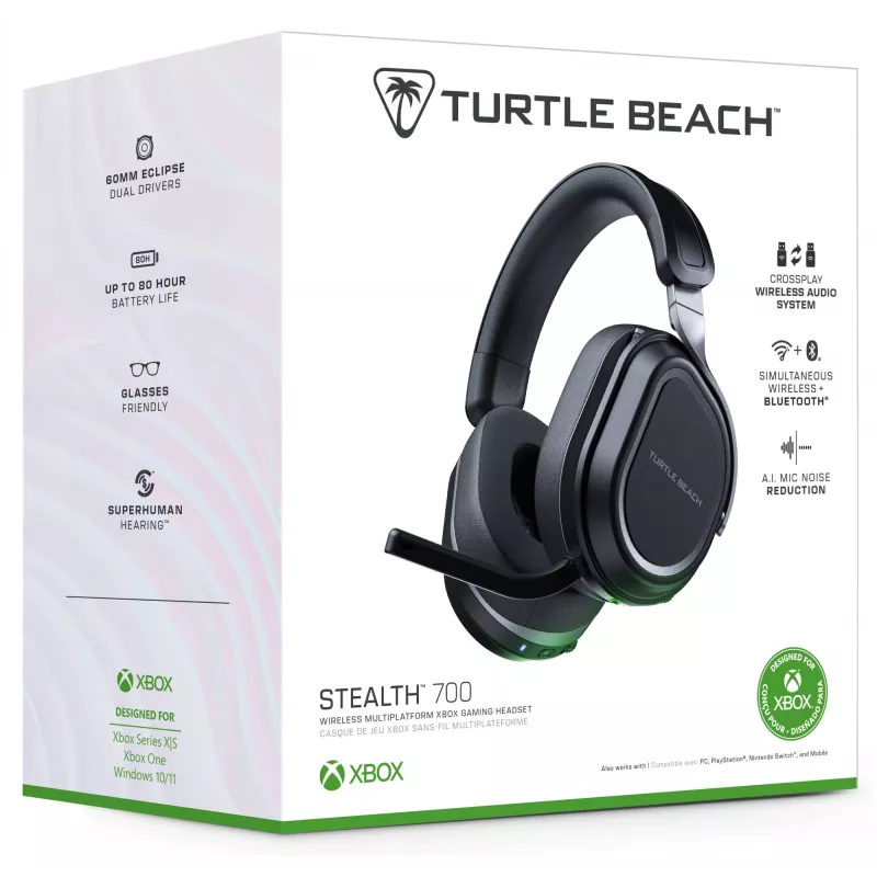 Turtle Beach Stealth 700 preto Xbox headset gaming sem fios com 80 horas de autonomia, Bluetooth, dois transmissores e altifalantes de 60 mm para Xbox Series X ou S, Xbox One, PC e dispositivos móveis
