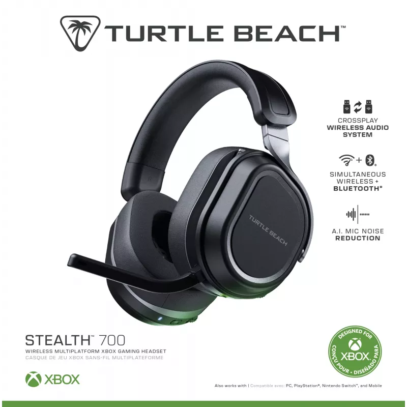 Turtle Beach Stealth 700 preto Xbox headset gaming sem fios com 80 horas de autonomia, Bluetooth, dois transmissores e altifalantes de 60 mm para Xbox Series X ou S, Xbox One, PC e dispositivos móveis