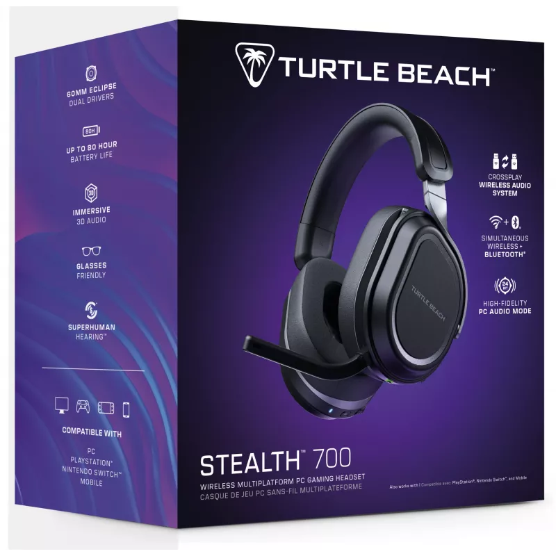 Turtle Beach Stealth 700 preto headset gaming para PC sem fios com até 80 horas de autonomia, Bluetooth, dois transmissores e altifalantes de 60 mm para PC, PS5, PS4 e dispositivos móveis