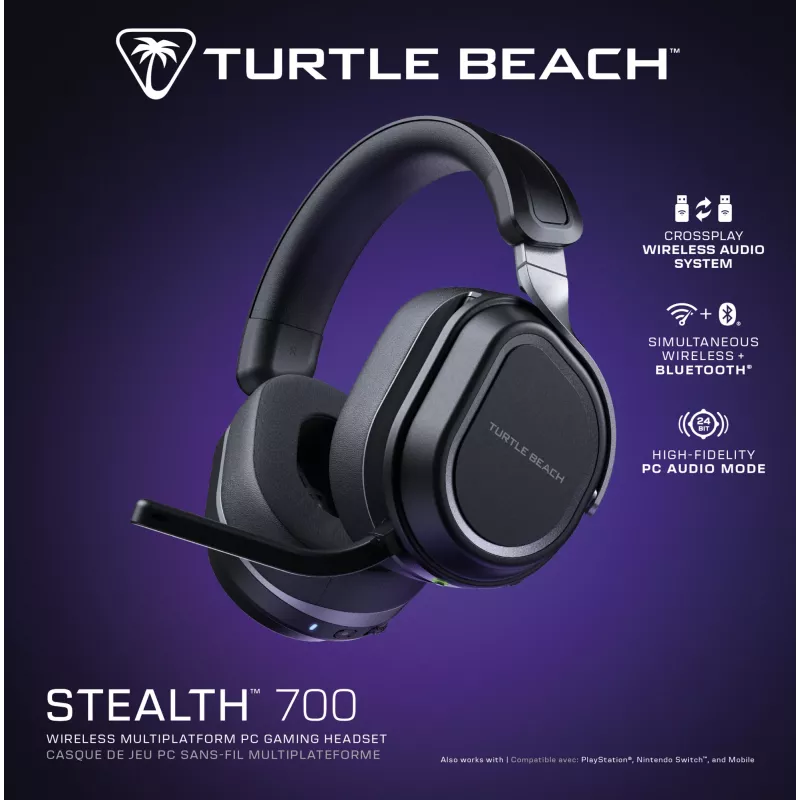 Turtle Beach Stealth 700 preto headset gaming para PC sem fios com até 80 horas de autonomia, Bluetooth, dois transmissores e altifalantes de 60 mm para PC, PS5, PS4 e dispositivos móveis
