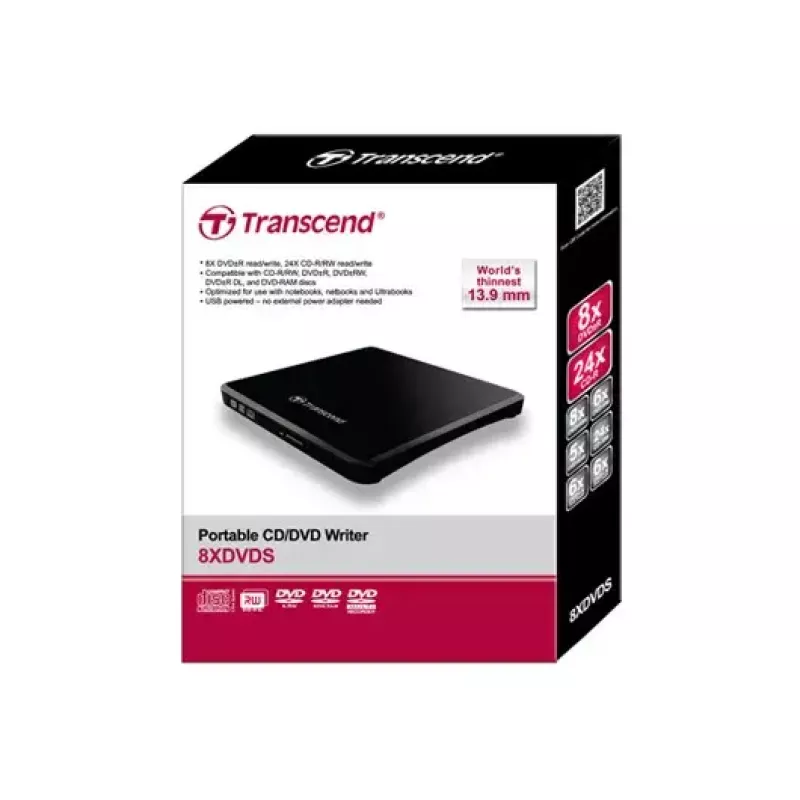 Gravador de DVD portátil Transcend TS8XDVDS-K, USB 2.0, preto