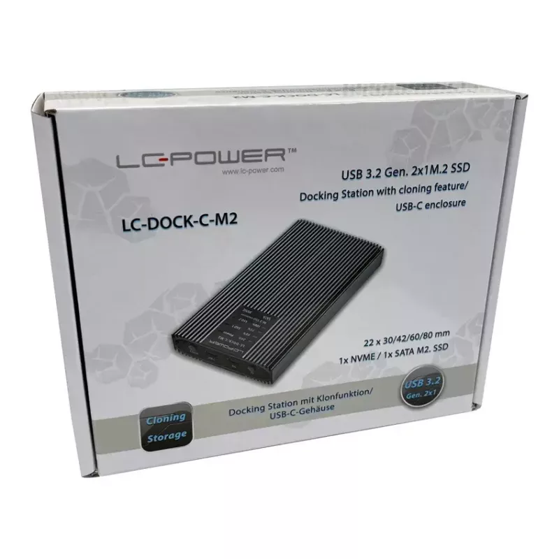 LC-Power LC-DOCK-C-M2 estação de acoplamento USB 3.2 para SSD M.2 NVMe e SATA