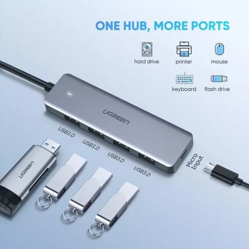 UGREEN 70336 (CM219) hub USB-C para 4x USB 3.0, 5 Gbps, OTG, porta de alimentação USB-C, cabo de 15 cm, cinzento
