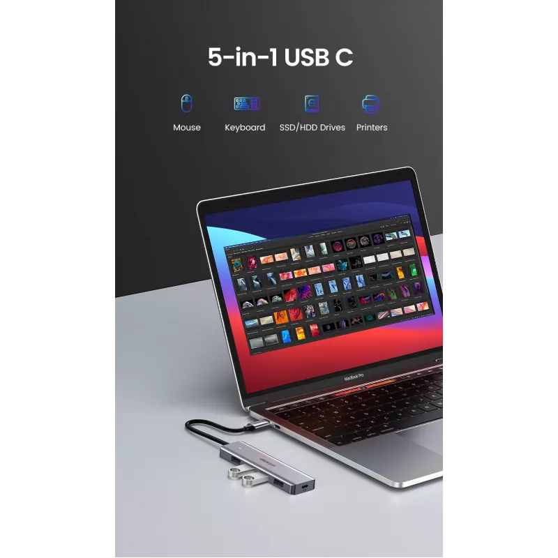 UGREEN 70336 (CM219) hub USB-C para 4x USB 3.0, 5 Gbps, OTG, porta de alimentação USB-C, cabo de 15 cm, cinzento