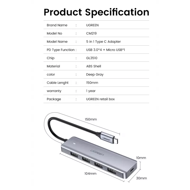 UGREEN 70336 (CM219) hub USB-C para 4x USB 3.0, 5 Gbps, OTG, porta de alimentação USB-C, cabo de 15 cm, cinzento