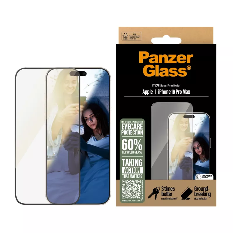 Película de proteção de ecrã PanzerGlass ® EyeCARE™ iPhone 16 Pro Max | Ultra-Wide Fit