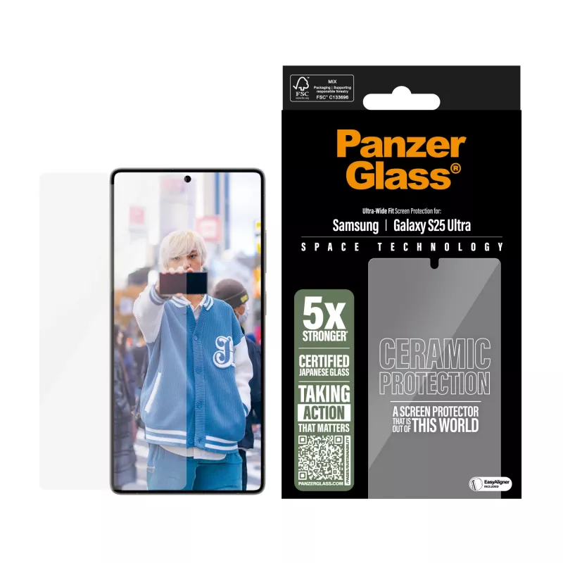 Proteção de ecrã Ceramic PanzerGlass ® Samsung Galaxy S25 Ultra | Ultra-Wide Fit com EasyAligner