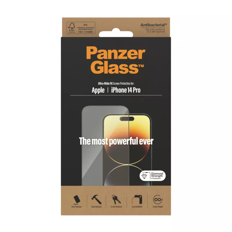 Proteção de ecrã PanzerGlass para Apple iPhone 14 Pro encaixe ultra-wide resistente a riscos e choques