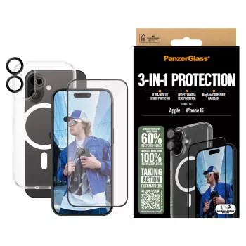 Pacote de proteção 3-em-1 PanzerGlass iPhone '24 6,1 polegadas