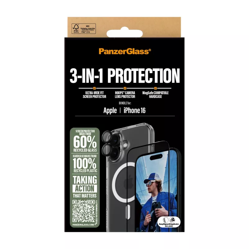 Pacote de proteção 3-em-1 PanzerGlass iPhone '24 6,1 polegadas