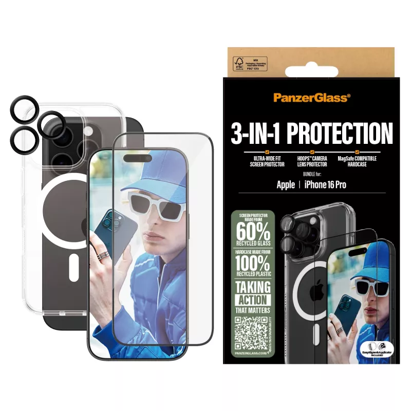 Pacote de proteção 3-em-1 PanzerGlass iPhone '24 6,3 polegadas Pro