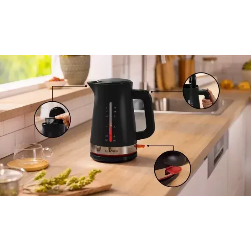 Chaleira Bosch TWK4M223 1,7 l, 2400 W, preto, sem fios, resistência oculta