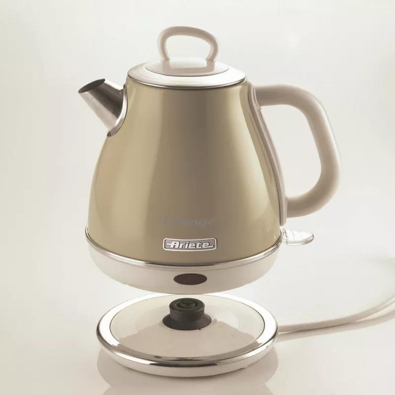 Ariete 2868 Vintage chaleira elétrica de design em aço inoxidável de 1 L para infusões, chá e bebidas de ervas, sistema de desligamento automático, pega ergonómica, 1 litro, 1600 W, bege claro