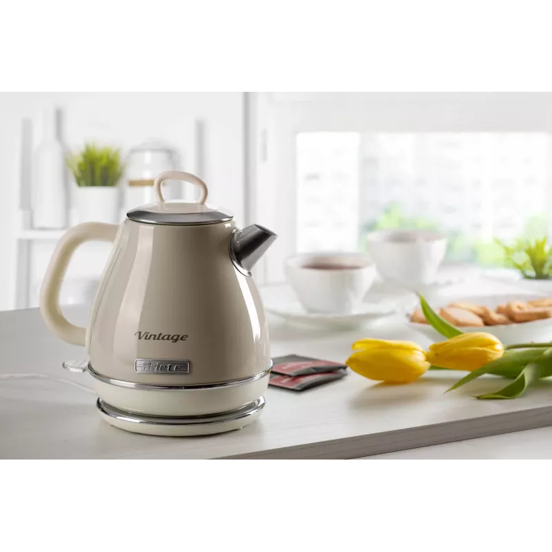 Ariete 2868 Vintage chaleira elétrica de design em aço inoxidável de 1 L para infusões, chá e bebidas de ervas, sistema de desligamento automático, pega ergonómica, 1 litro, 1600 W, bege claro