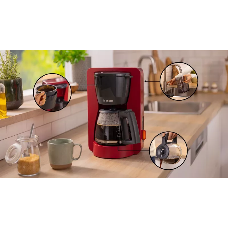 Máquina de café de filtro Bosch TKA3M134 — depósito de água de 1,4 l, capacidade para 15 chávenas, vermelha
