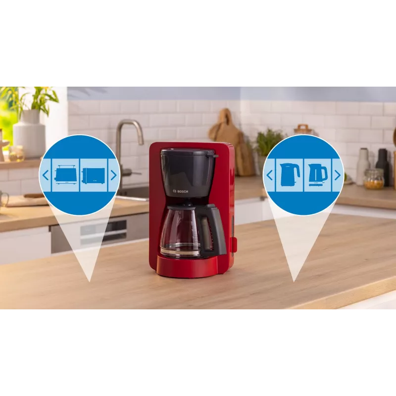 Máquina de café de filtro Bosch TKA3M134 — depósito de água de 1,4 l, capacidade para 15 chávenas, vermelha