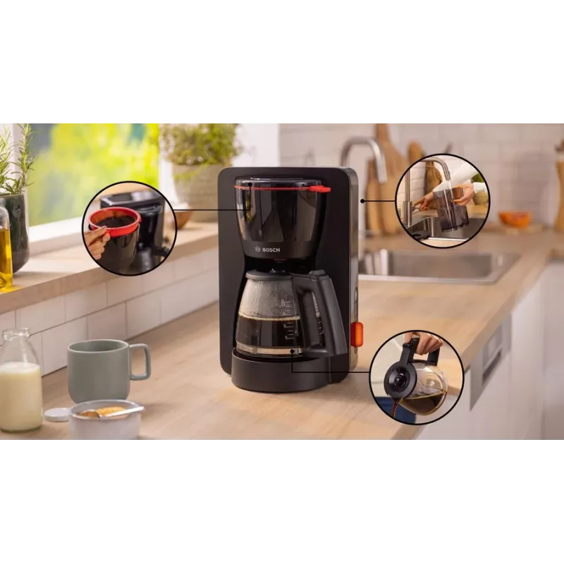 Máquina de café de filtro Bosch TKA3M133, depósito de água de 1,4 litros, capacidade para 15 chávenas, preta