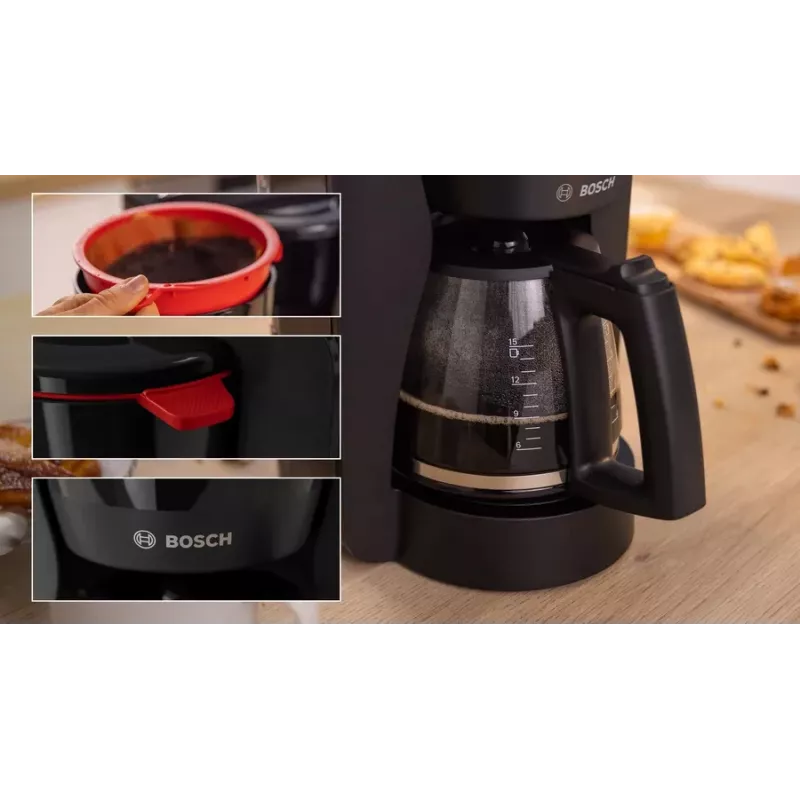 Máquina de café de filtro Bosch TKA3M133, depósito de água de 1,4 litros, capacidade para 15 chávenas, preta