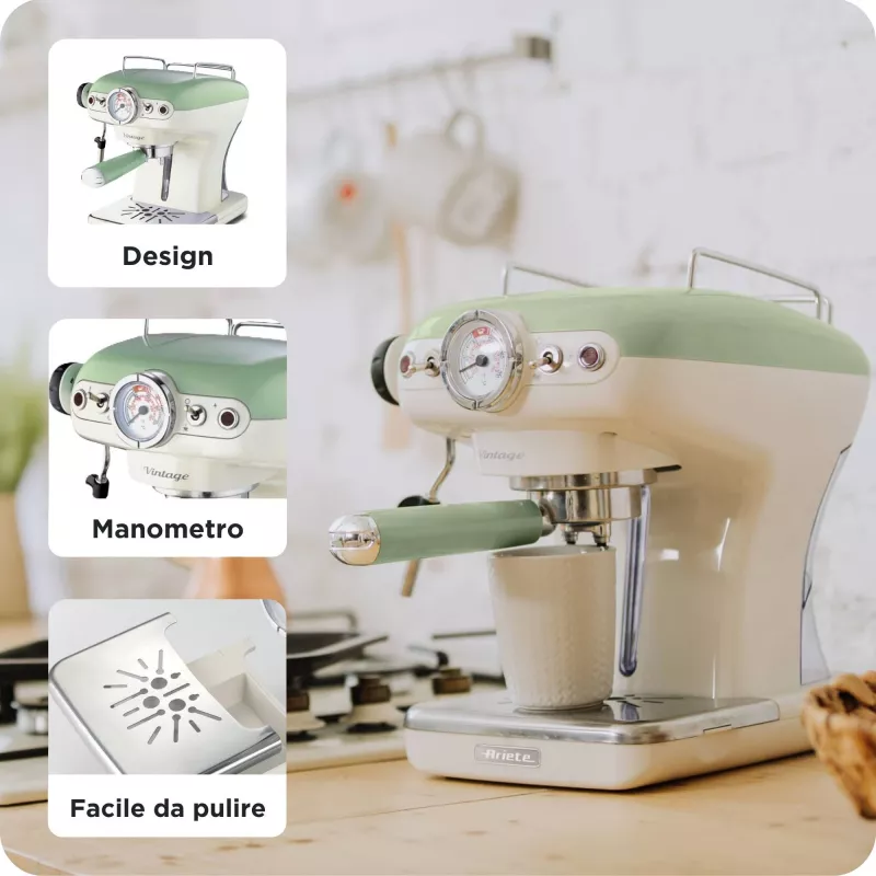 Máquina de café expresso Ariete 1389 Vintage - máquina de café expresso para café moído ou cápsulas ESE, em cor verde pastel