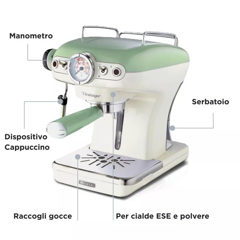 Máquina de café expresso Ariete 1389 Vintage - máquina de café expresso para café moído ou cápsulas ESE, em cor verde pastel