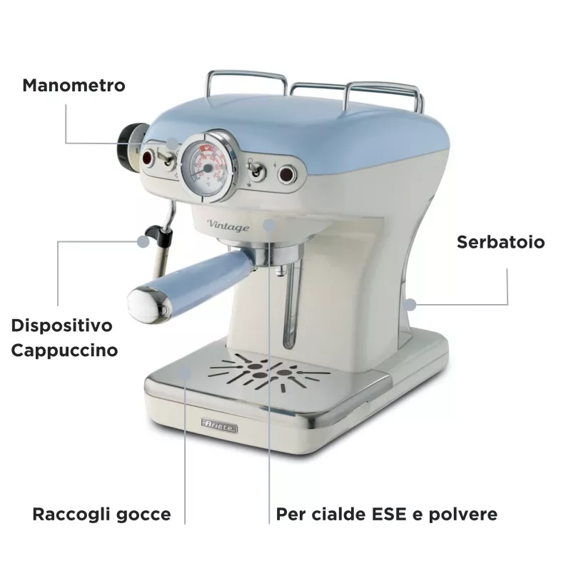 Máquina de café expresso Ariete 1389 Vintage - máquina de café expresso para café em pó ou cápsulas ESE, em azul pastel