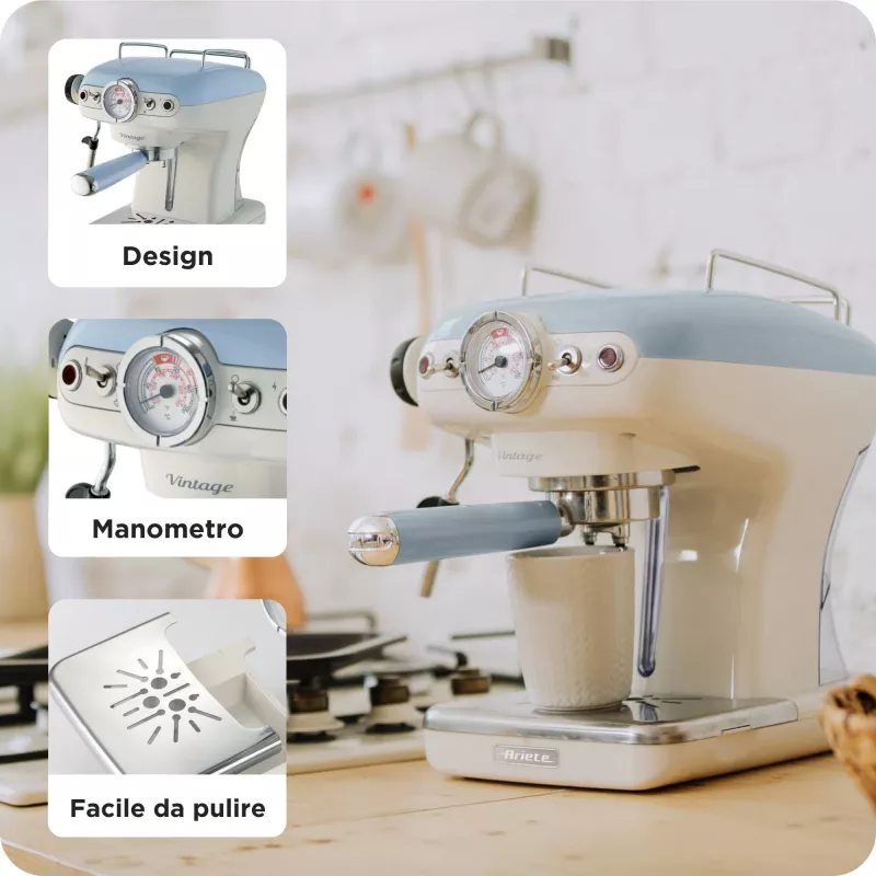 Máquina de café expresso Ariete 1389 Vintage - máquina de café expresso para café em pó ou cápsulas ESE, em azul pastel