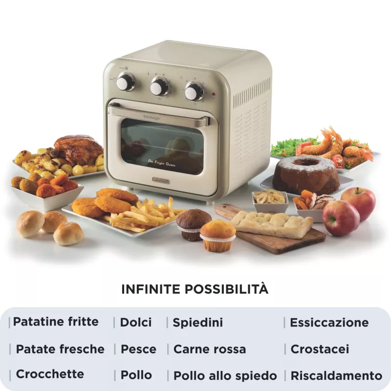 Fritadeira de ar quente e forno Ariete 4632 Vintage, 1400W, 2em1, capacidade 16L, acessórios incluídos, temporizador 60 minutos, vidro duplo, Bege