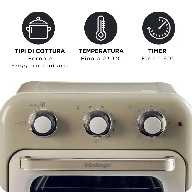 Fritadeira de ar quente e forno Ariete 4632 Vintage, 1400W, 2em1, capacidade 16L, acessórios incluídos, temporizador 60 minutos, vidro duplo, Bege