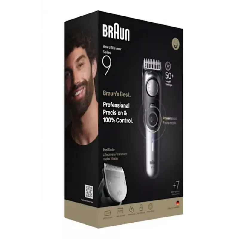 Aparador de barba Braun BeardTrimmer 9 BT9520 Bateria 52 2 cm Molhado e seco Preto, Cinzento