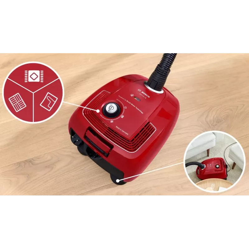 Aspirador de pó Bosch Serie 4 BGD38RD1H, 600 W, 4 L com saco, limpeza a seco, vermelho