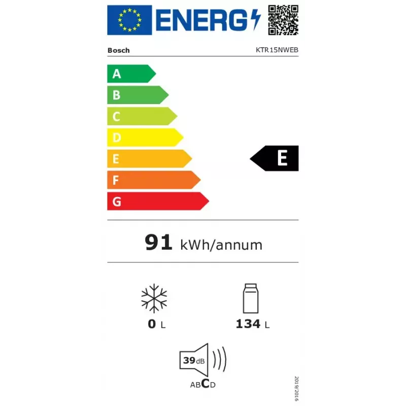 Frigorífico Bosch Serie 2 KTR15NWEB, independente, 134 l, branco, H850 × B560 × T580 mm, classe de eficiência energética E