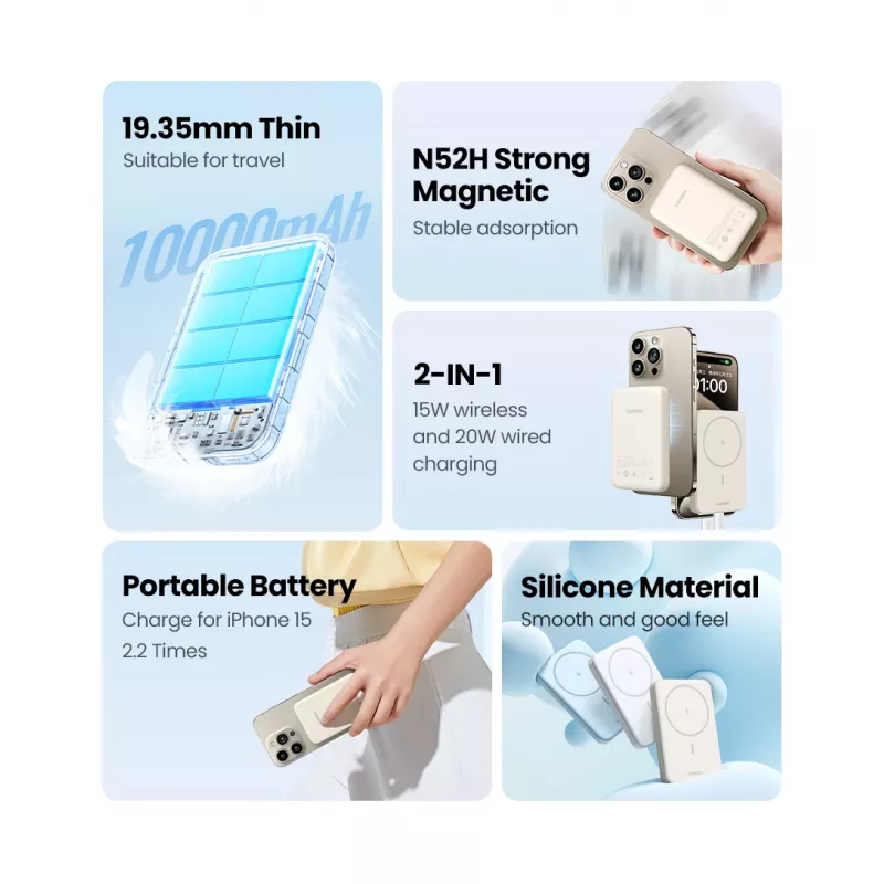 Powerbank Ugreen 25208 10000 mAh carregamento sem fios bege