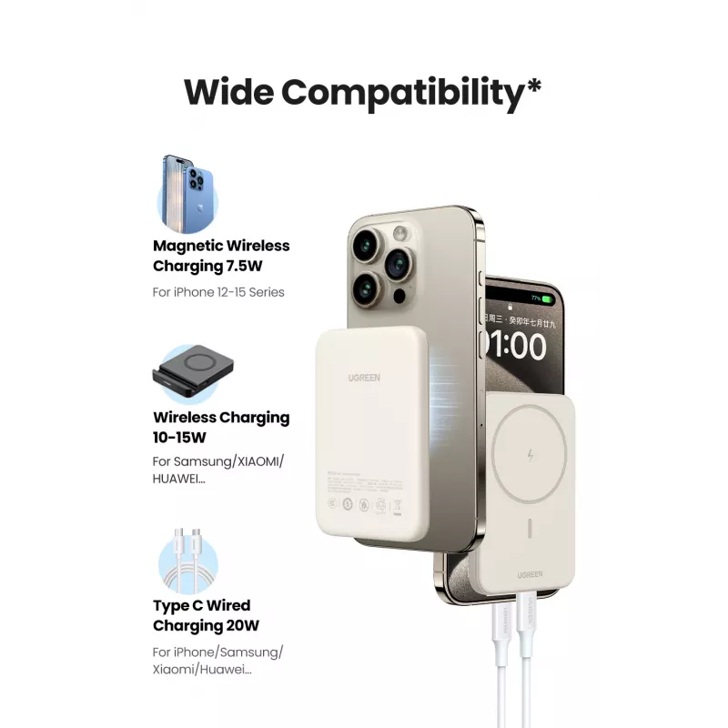 Powerbank Ugreen 25208 10000 mAh carregamento sem fios bege