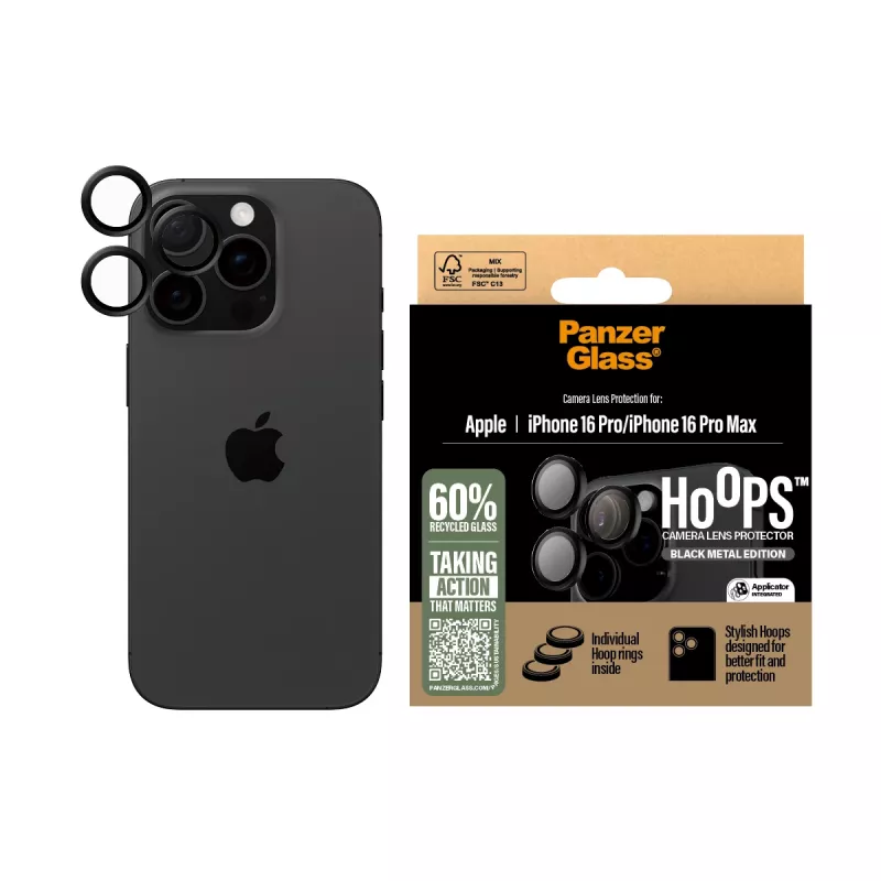 Proteção de lente de câmara PanzerGlass ® Hoops® preta iPhone 16 Pro | 16 Pro Max