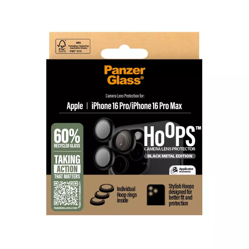 Proteção de lente de câmara PanzerGlass ® Hoops® preta iPhone 16 Pro | 16 Pro Max
