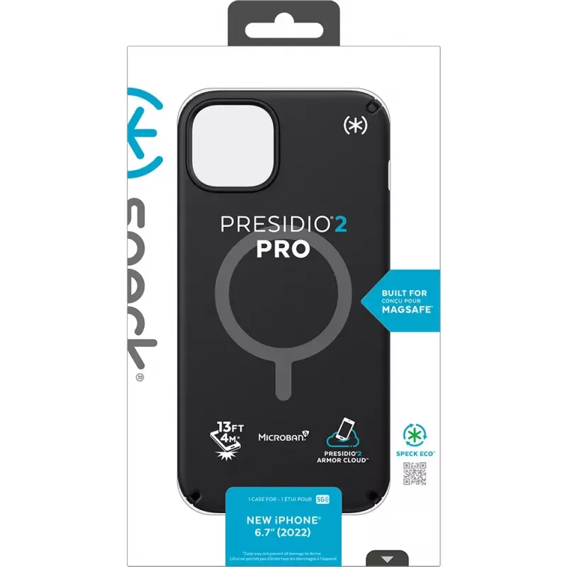 Capa de proteção robusta Speck Presidio2 Pro + MS Apple iPhone 14 Plus/15 Plus preta – com Microban