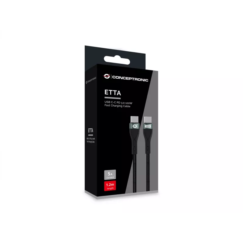 Conceptronic ETTA01B12 Cabo de carregamento rápido USB-C-C PD 3.0 100W 1,2 m, 20V 5A, 480 Mbit/s, E-Mark