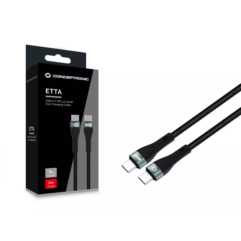 Conceptronic ETTA01B20 Cabo de carregamento rápido USB C-C PD 3.0 100W 2M, 20V 5A, 480Mbps, E-Mark
