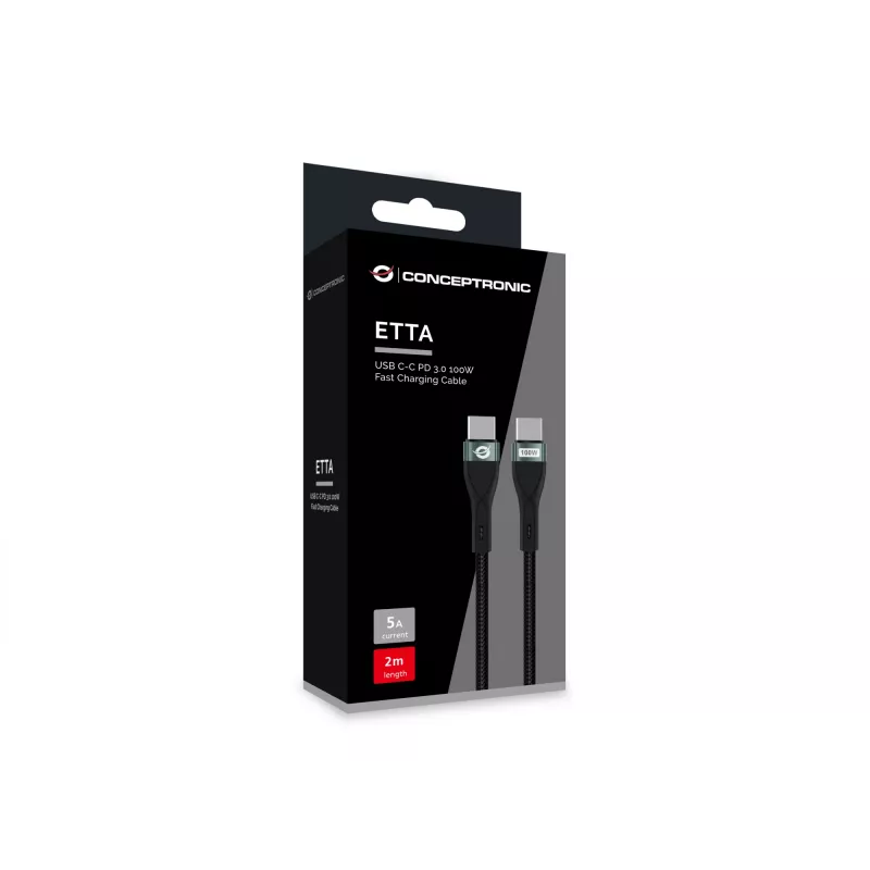 Conceptronic ETTA01B20 Cabo de carregamento rápido USB C-C PD 3.0 100W 2M, 20V 5A, 480Mbps, E-Mark