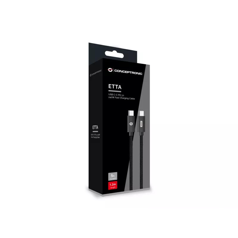 Conceptronic ETTA03B12 Cabo de carregamento rápido USB-C para USB-C PD 3.1 240 W 1,2 m, 48 V 5 A, 480 Mbit/s, E-Mark