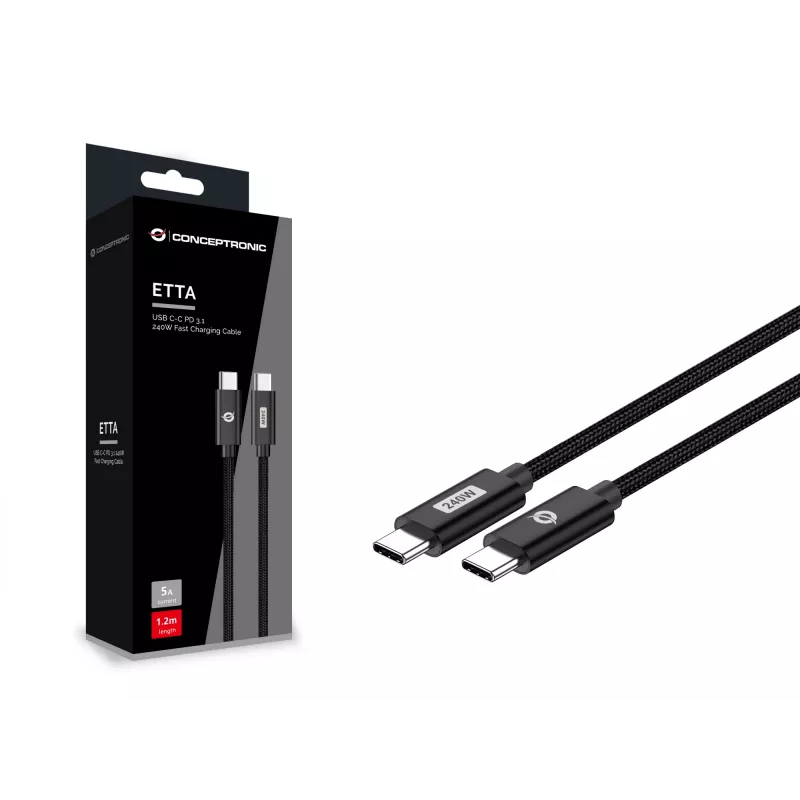 Conceptronic ETTA03B20 Cabo de carregamento rápido USB-C para USB-C PD 3.1 240 W, 2 m, 48 V/5 A, 480 Mbit/s, E-Mark
