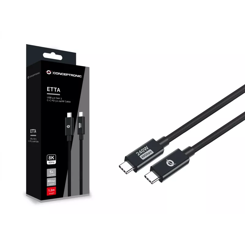 Conceptronic ETTA04B12 Cabo USB 4.0 Gen 3 C-C PD 3.1 240W 1,2 m, 48 V 5 A, 40 Gbit/s, E-Mark