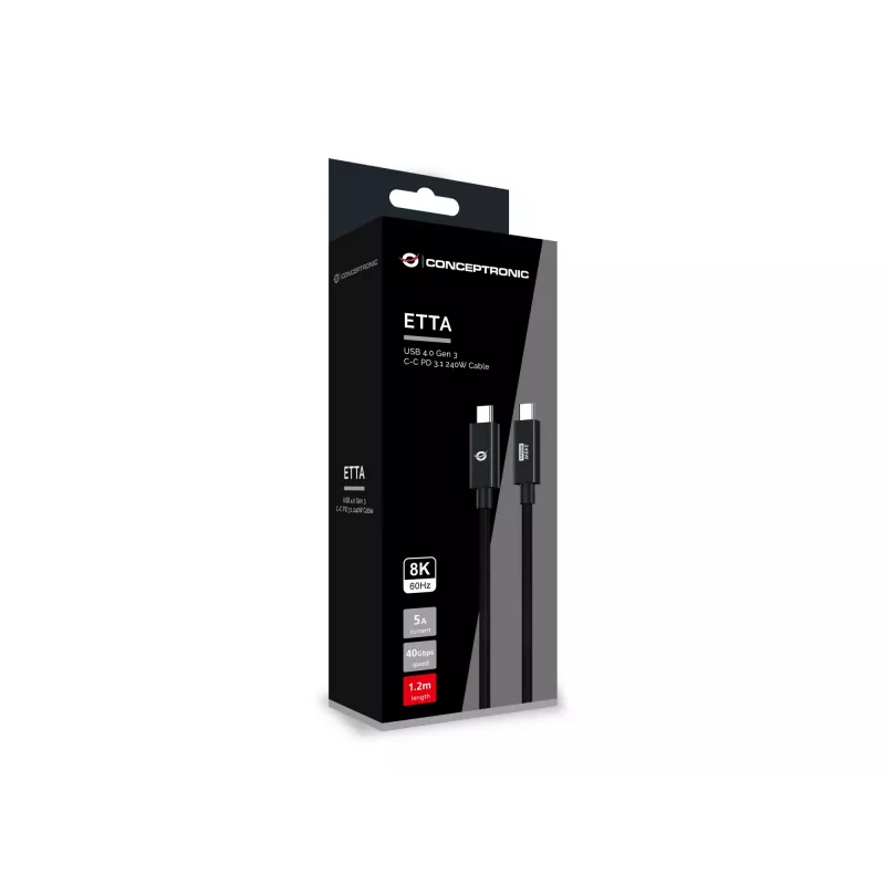 Conceptronic ETTA04B12 Cabo USB 4.0 Gen 3 C-C PD 3.1 240W 1,2 m, 48 V 5 A, 40 Gbit/s, E-Mark
