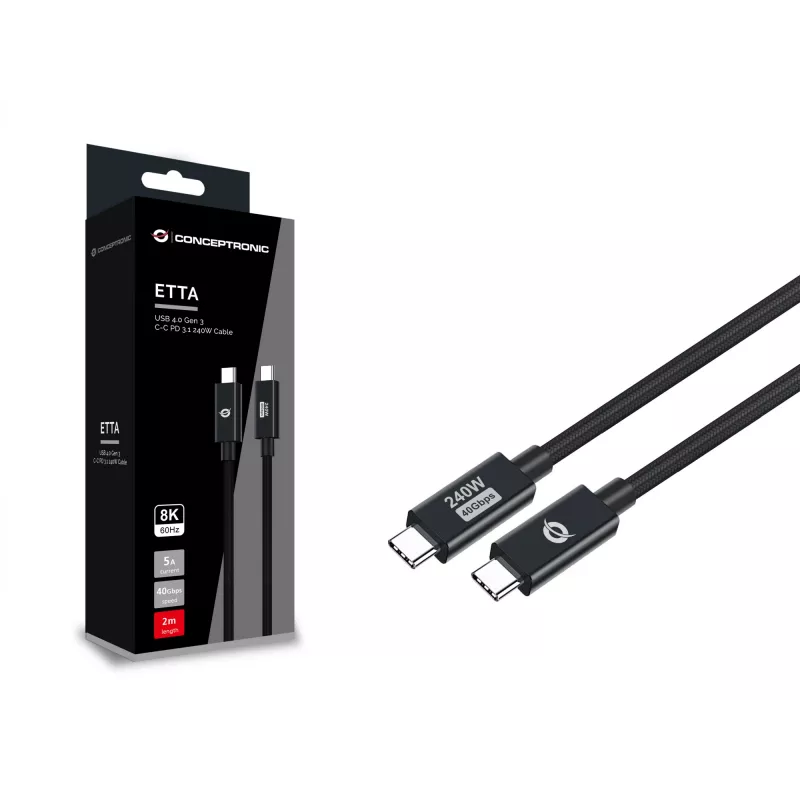 Conceptronic ETTA04B20 Cabo USB 4.0 Gen 3 C-C PD 3.1 240W 2M, 48V 5A, 40Gbps, E-Mark