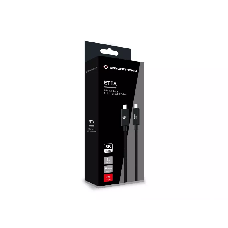Conceptronic ETTA04B20 Cabo USB 4.0 Gen 3 C-C PD 3.1 240W 2M, 48V 5A, 40Gbps, E-Mark