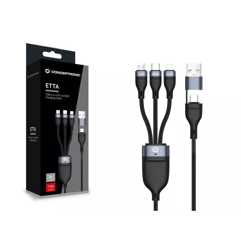 Conceptronic ETTA05B15 Cabo de carregamento USB 3-em-1 PD 3.0 60W 1,5 m, 20V 3A, 480Mbps