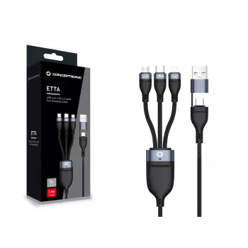 Conceptronic ETTA06B15 Cabo de carregamento rápido USB 3-em-1 PD 3.0 100W 1,5 m, 20V 5A, 480 Mbit/s, E-Mark